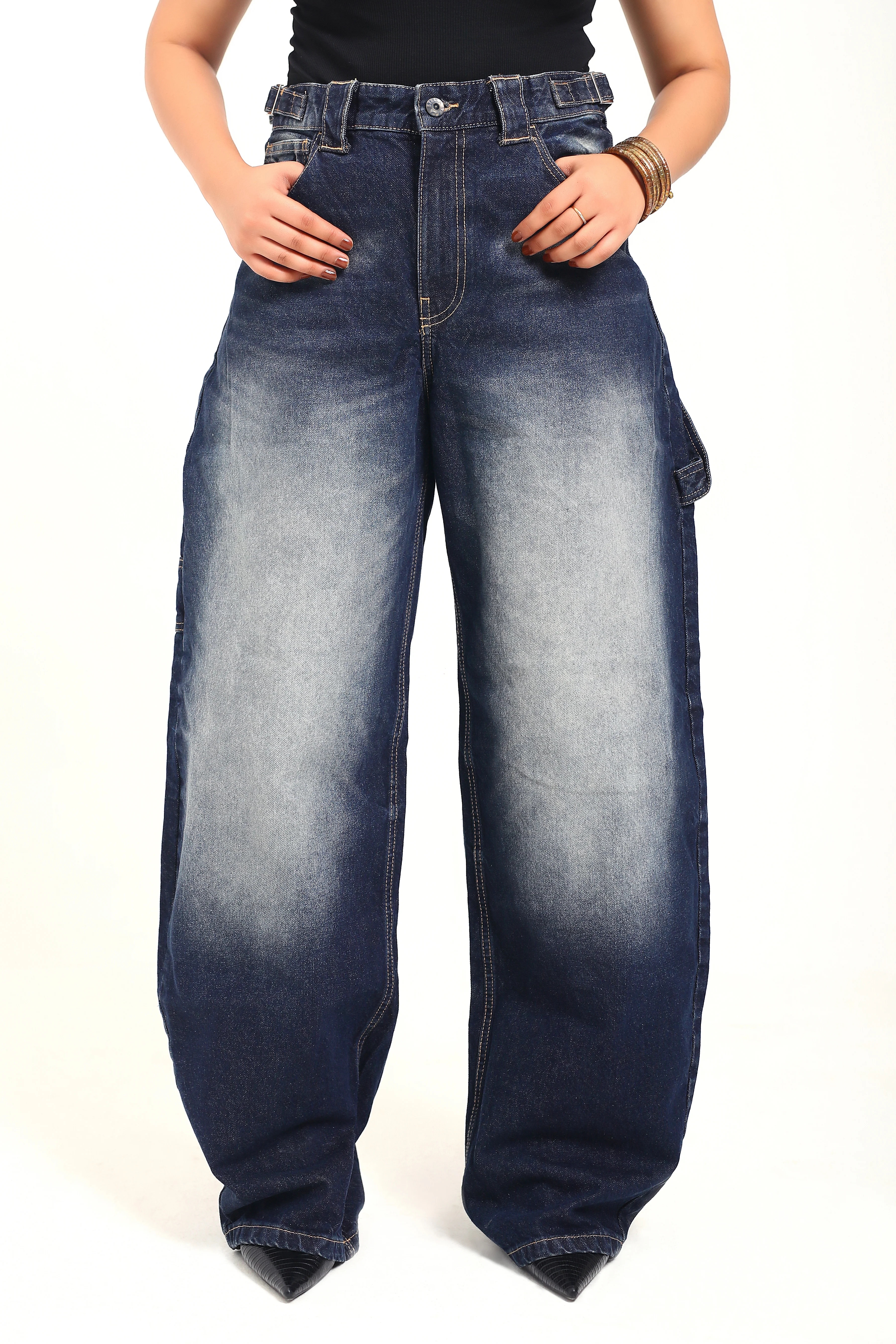 Washed Blue Adjustable waist Denim
