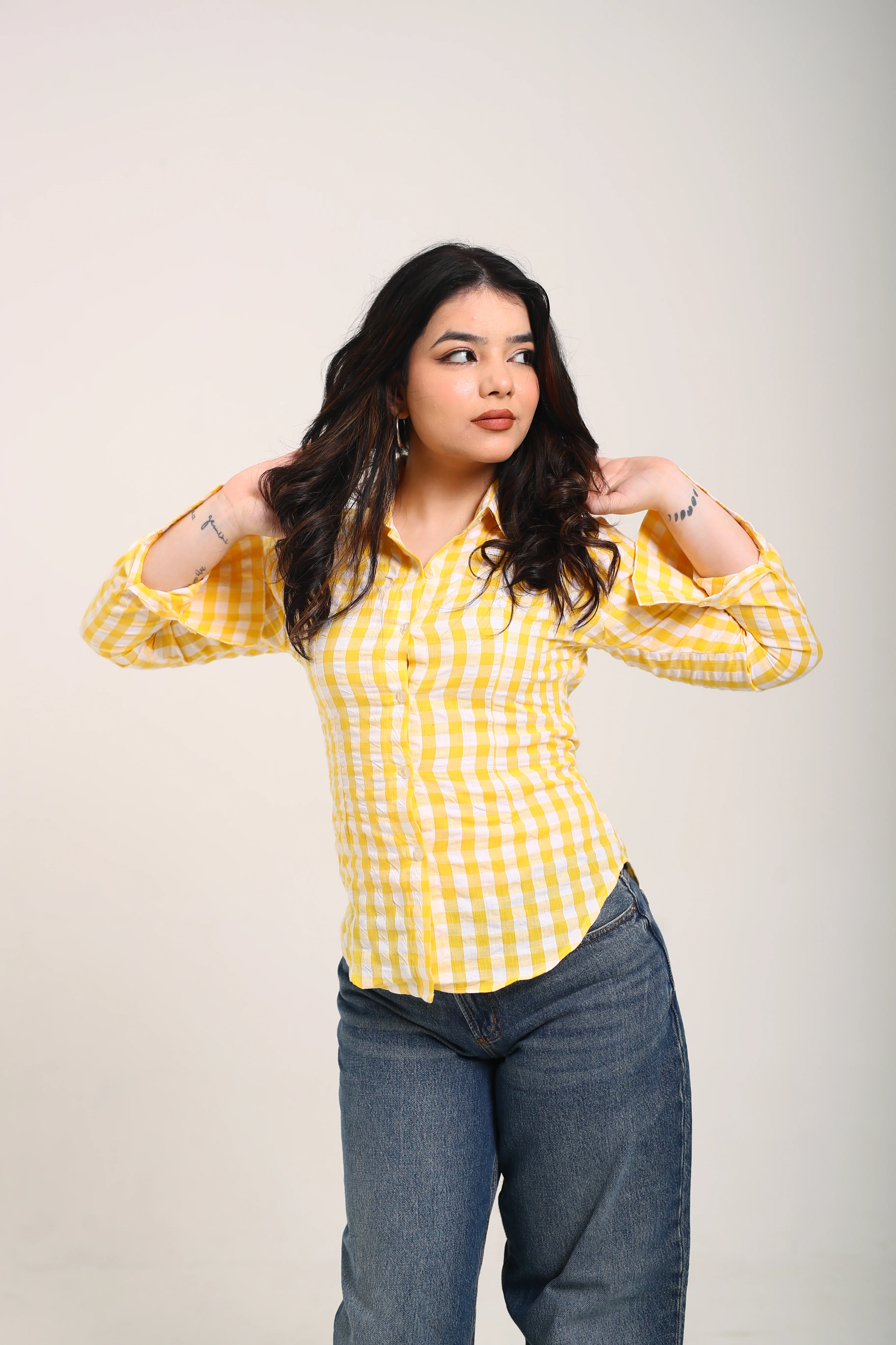 Yellow checks fitted shirt (with drawstring)