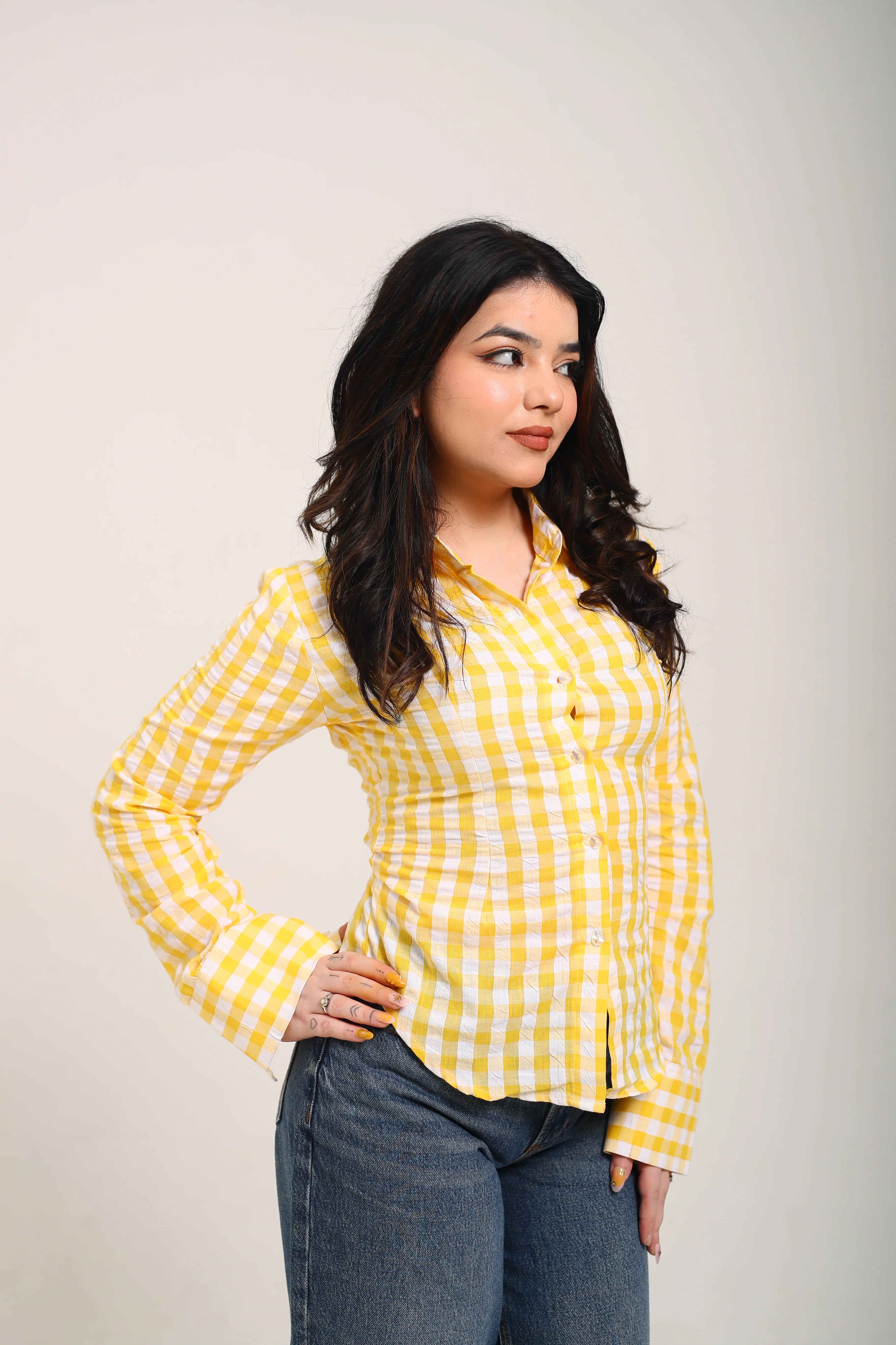 Yellow checks fitted shirt (with drawstring) - Image 2