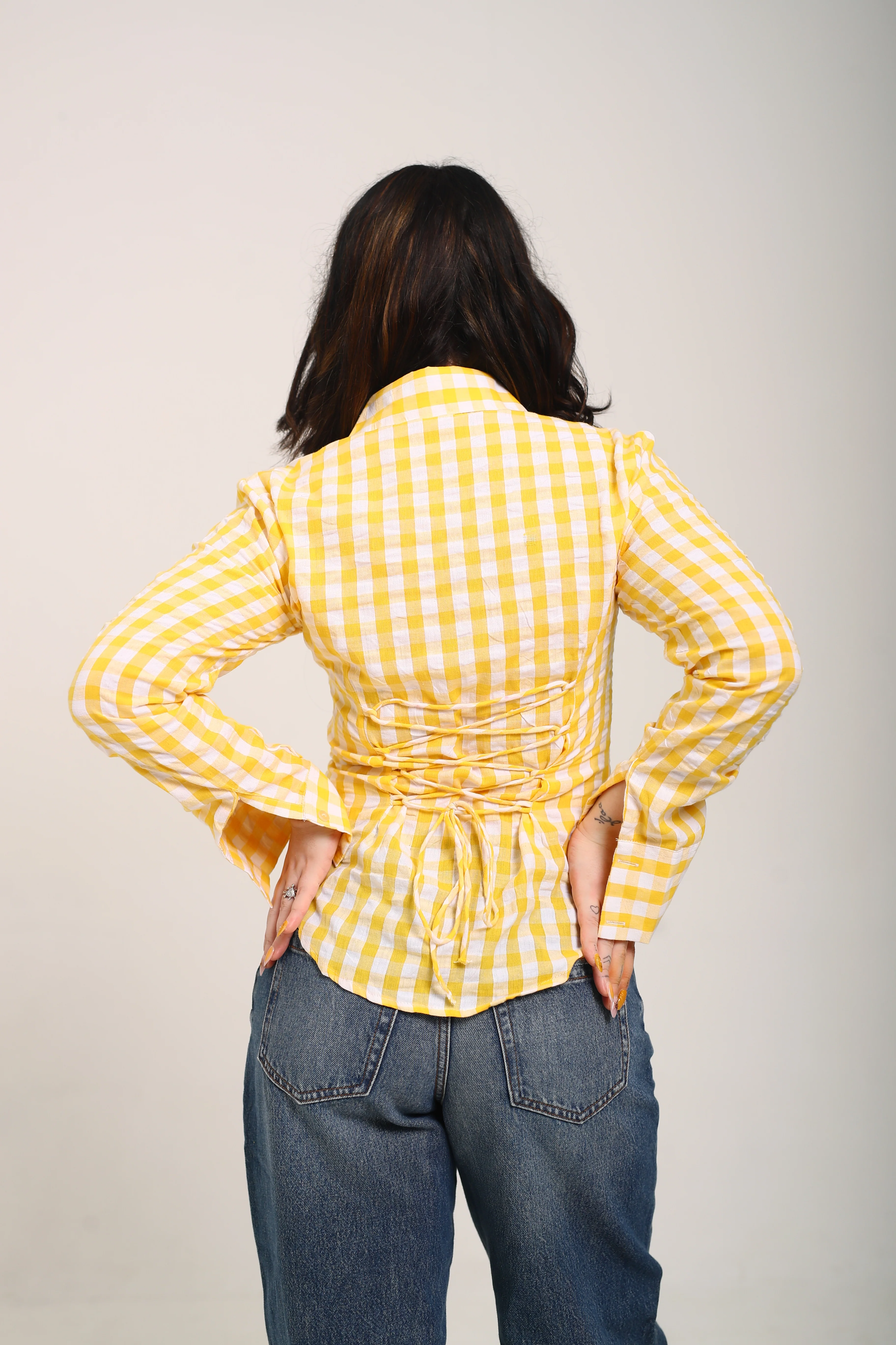 Yellow checks fitted shirt (with drawstring) - Image 3